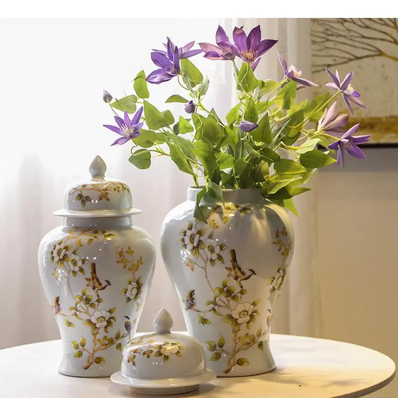 

Flower and Bird Patterns Ginger Jar Ceramic Storage Jar Artificial Flower Vase Porcelain Jewelry Jars Cosmetic Containers