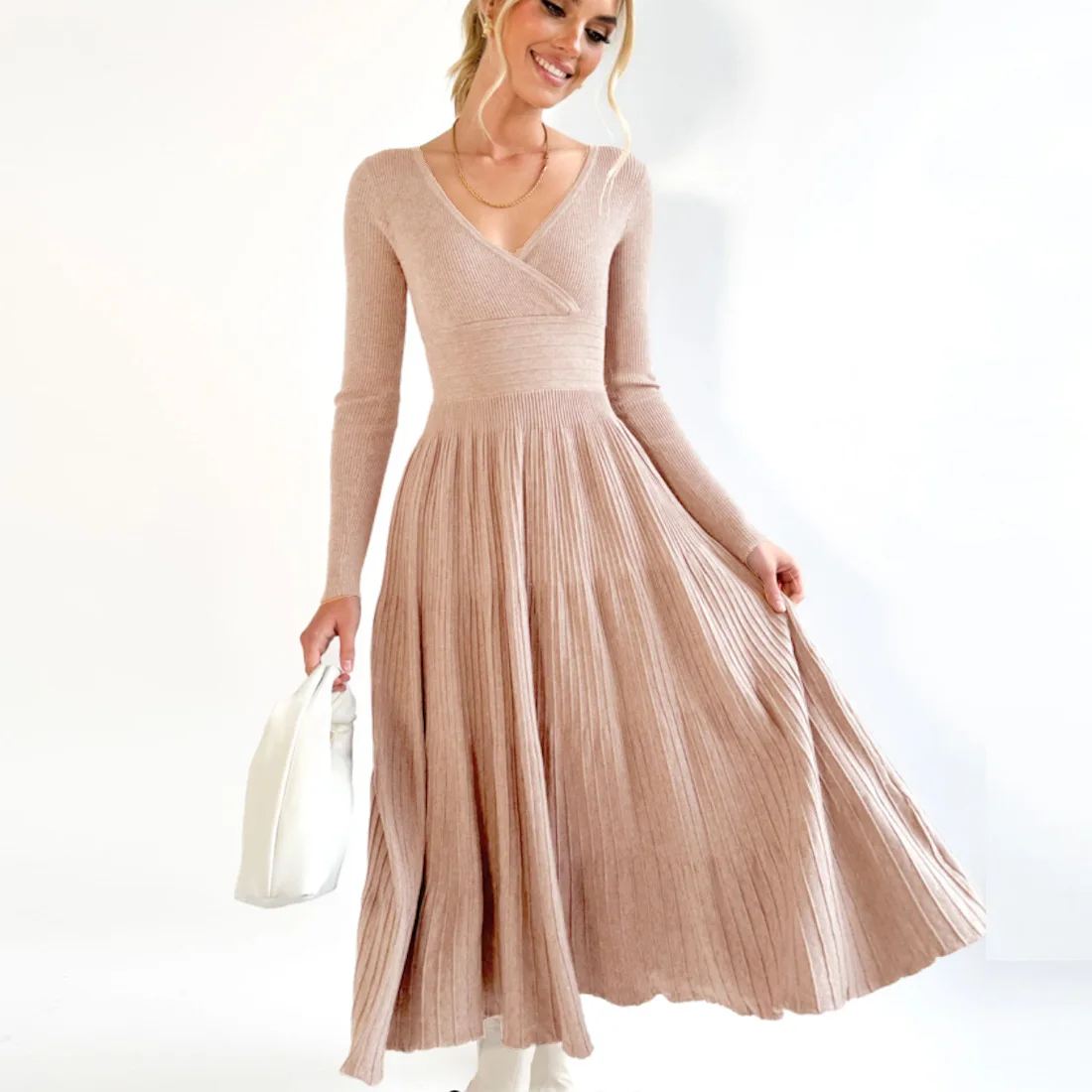 Vestido largo de punto con escote en V y espalda descubierta para mujer, elegante vestido de fiesta ajustado a la moda, vestido largo de retazos acanalados con cintura alta para mujer
