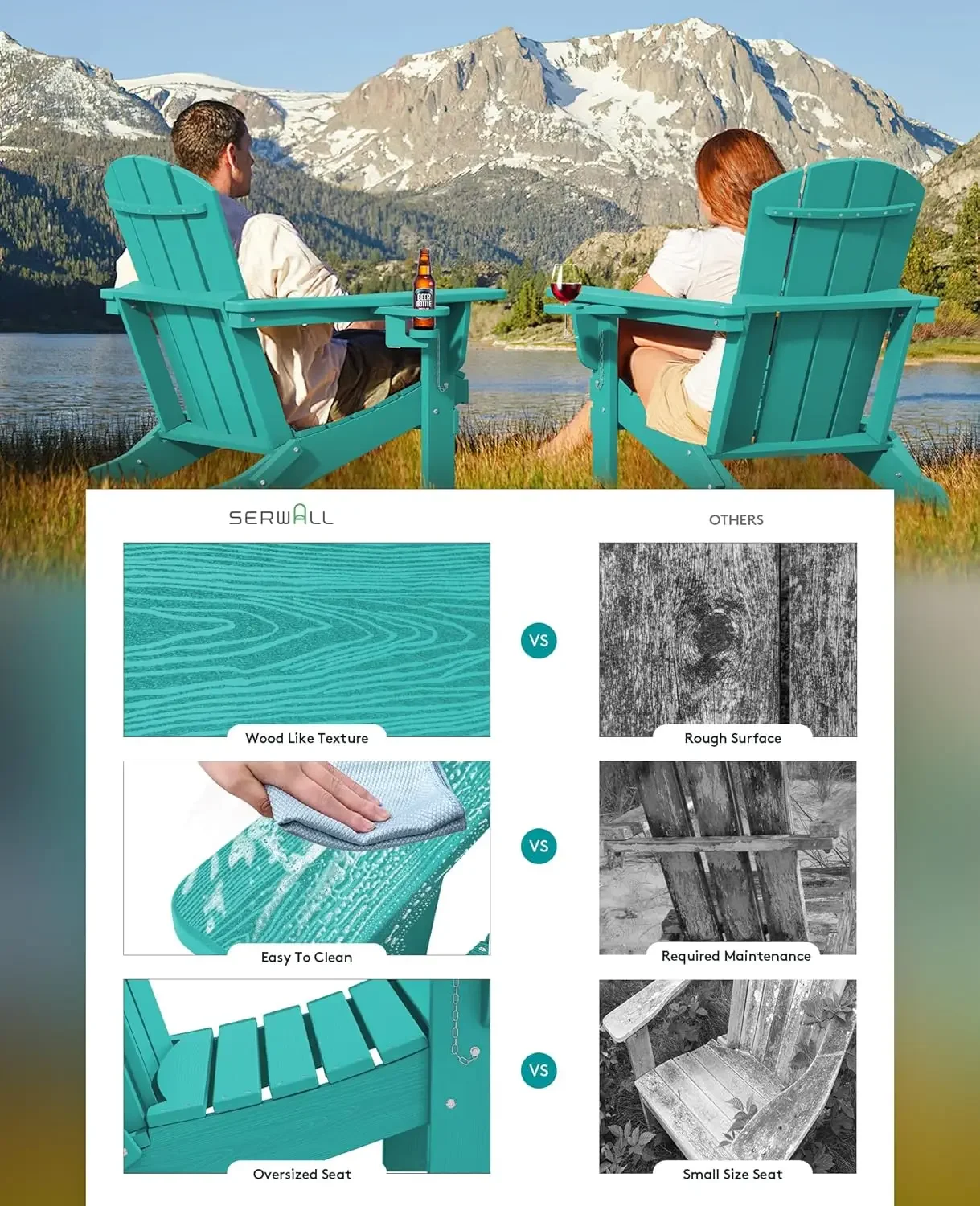 Adirondack Chair with Cup Holders - Composite Adirondack Chairs Set of 2 HDPE Outdoor Chairs All Weather Use- Aruba