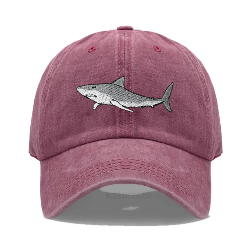 Angry Shark Baseball Cap | Embroidered Cotton Adjustable Dad Hat In Putty Color