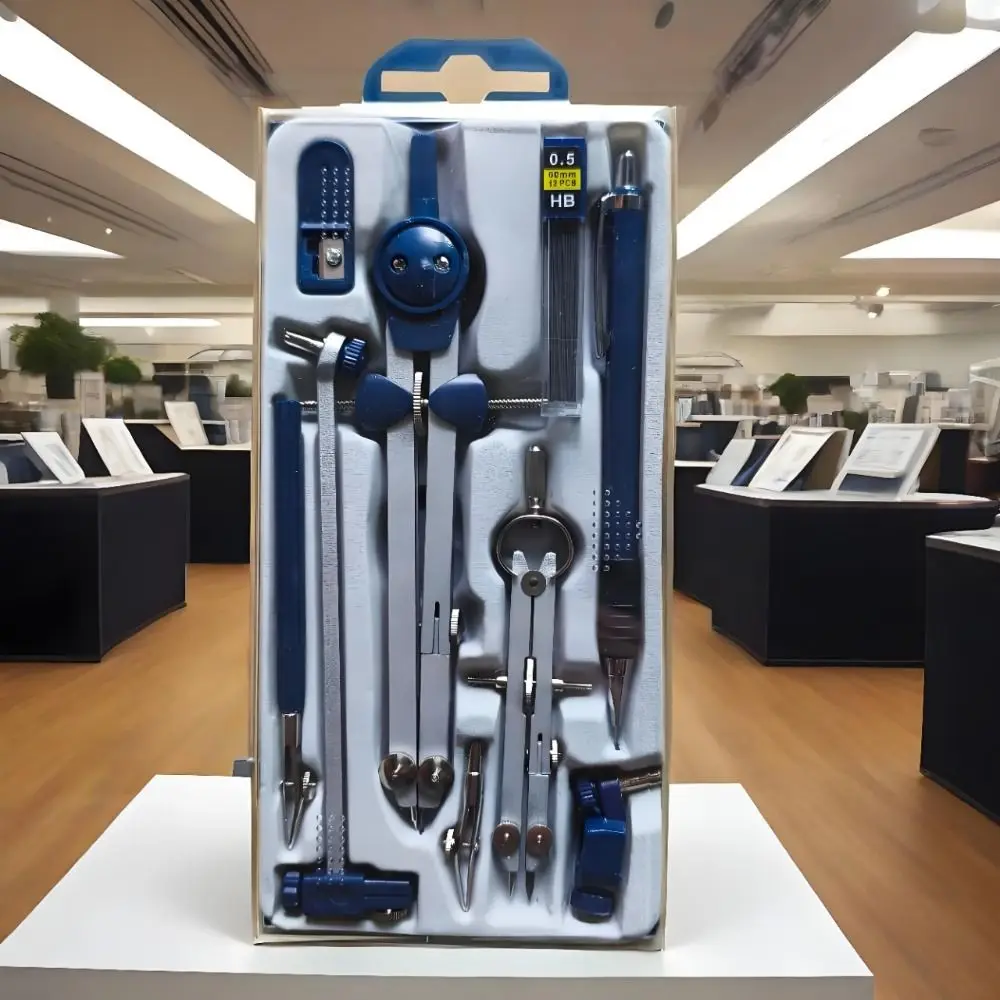 7개/팩 투명 커버 드로잉 컴퍼스 키트 측정자 플라스틱 드로잉 도구 세트 기계식 연필 스테인리스 스틸