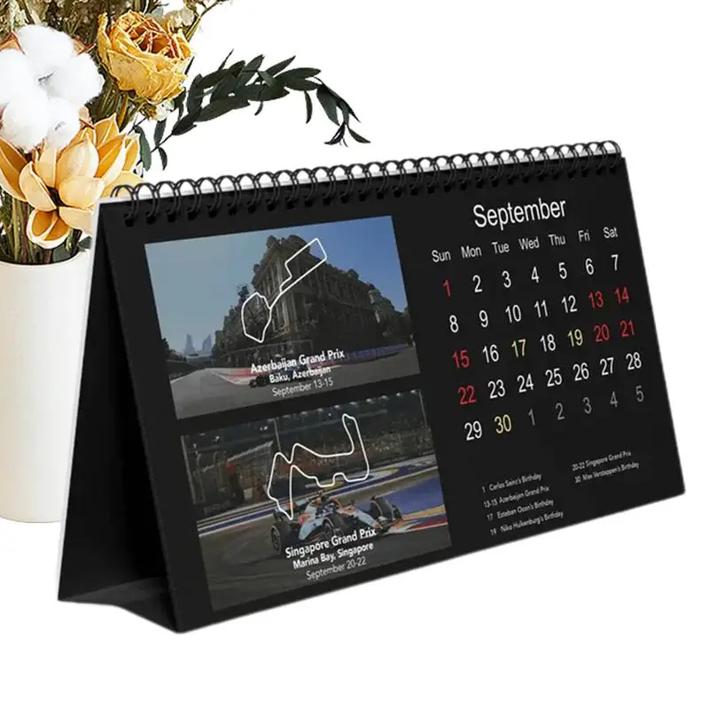 F1 Desk Calendar 2024 F1 Racing Calendar Twin-Wire Binding Easy Planning Racing Theme desk Calendar for Office Home Desktop