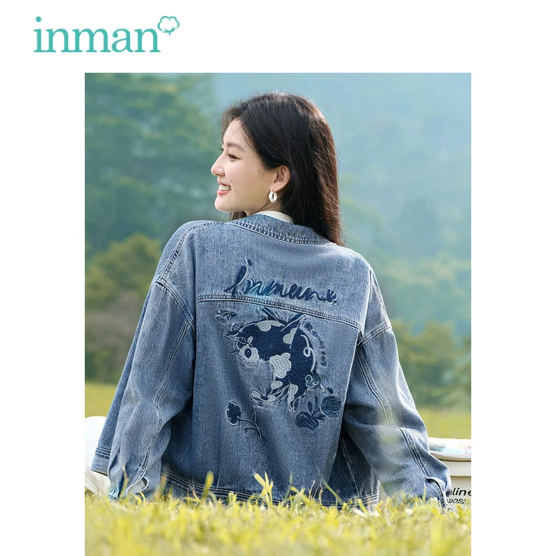 

INMAN Women Denim Jacket 2023 Autumn Long Sleeve Polo Neck Loose Coat Cute Cat Embroidery Fashion Casual Versatile Outwear Tops