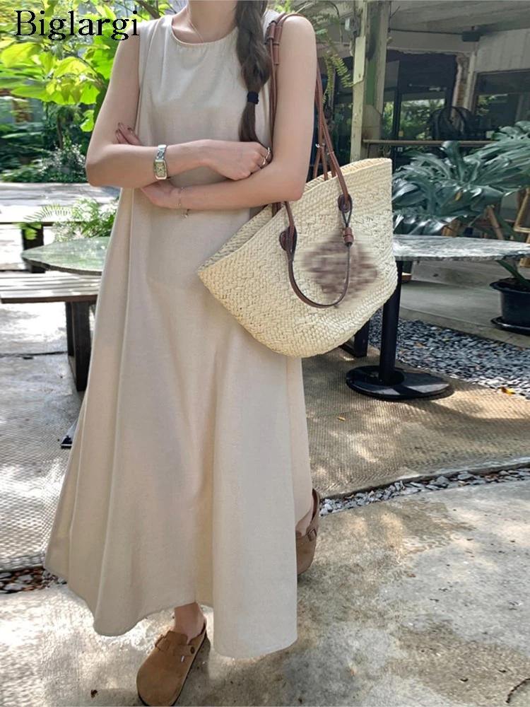 

Summer Cotton Linen Sleeveless Dress Women Backless Hollow Out Fashion Ruffle Ladies Dresses Korean Style Loose Woman Long Dress