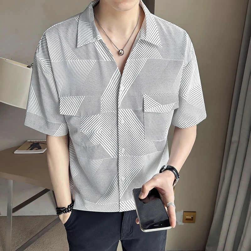 

2022 Summer Contrasting Stripes Shirts for Men Short Sleeve Casual Loose Shirt Social Party Streetwear Vintage Men Clothing