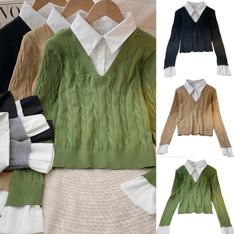 

Women's Contrast Collar Long Sleeve Blouse Shirt Top 2 in 1 Sweater Pullover