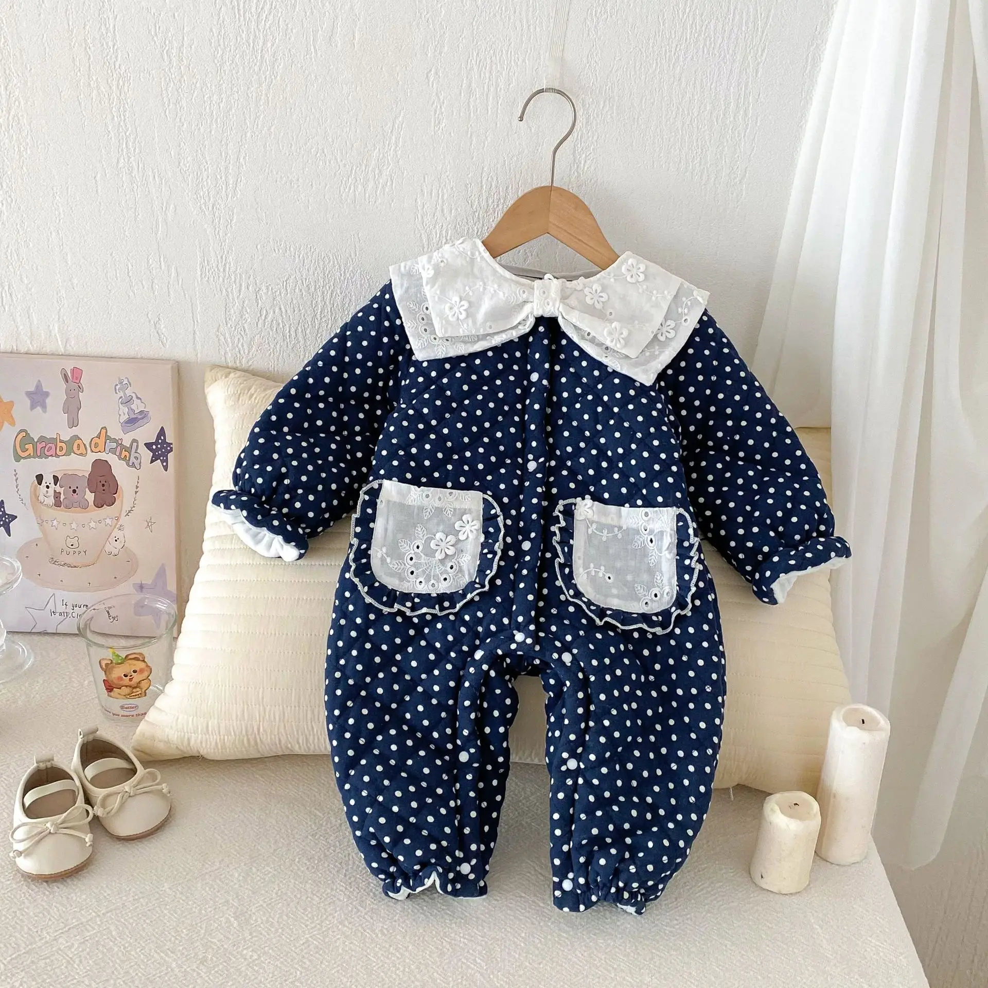Winter Newborn Infant Baby Girls cotton princess polka dots thick lapel crawl Kids Onepiece Fashion Baby Clothing