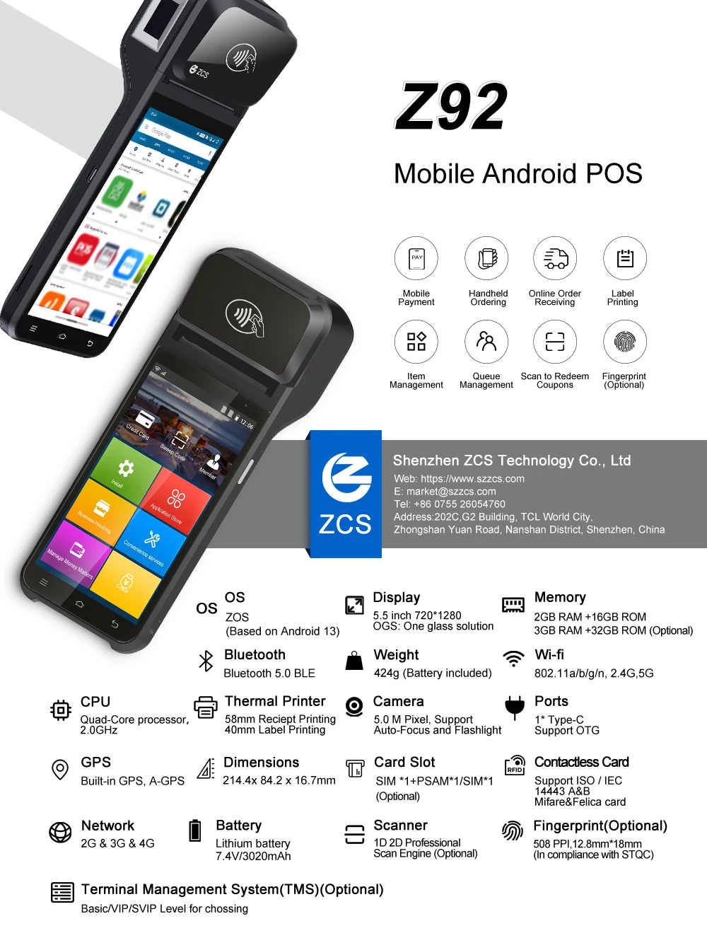 Terminal de paiement portable POS Z92 sous Android 13