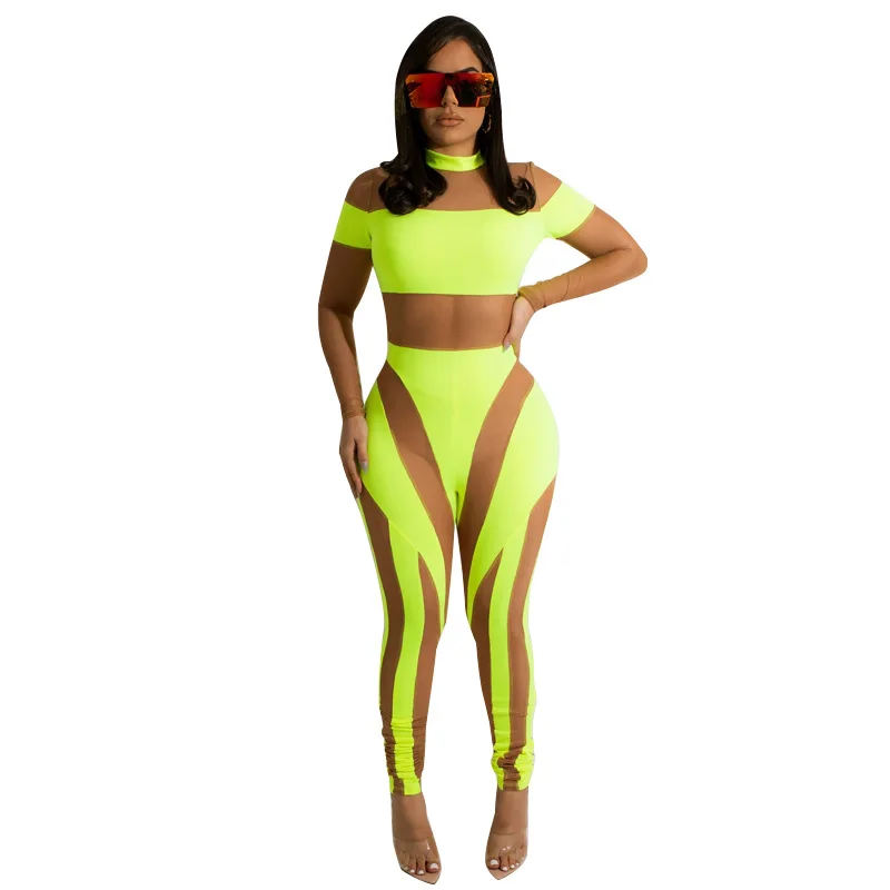 Neon Color Rompers Women Sexy Sheer Mesh Patchwork See Through