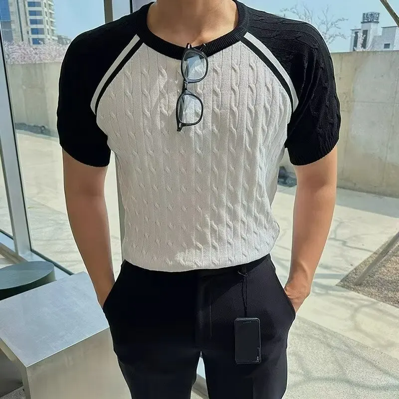 남성용 빈티지 슬림핏 O넥 반팔 패치워크 니트 티셔츠, 캐주얼 통기성 뜨게 상의, 여름 신상