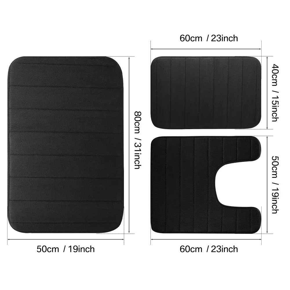 Set 3 Piece Memory Foam Bathroom Rug Grey Non-Slip Extra Absorbent Toilet Bath Foot Mats Sets Soft & Dry Home Washable Carpets