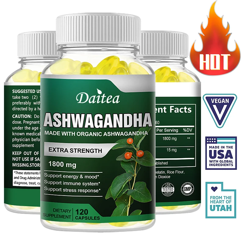 

Ashwagandha ЭКСТРА СИЛА 1800 мг поддержка стресса и настроения-без ГМО формула