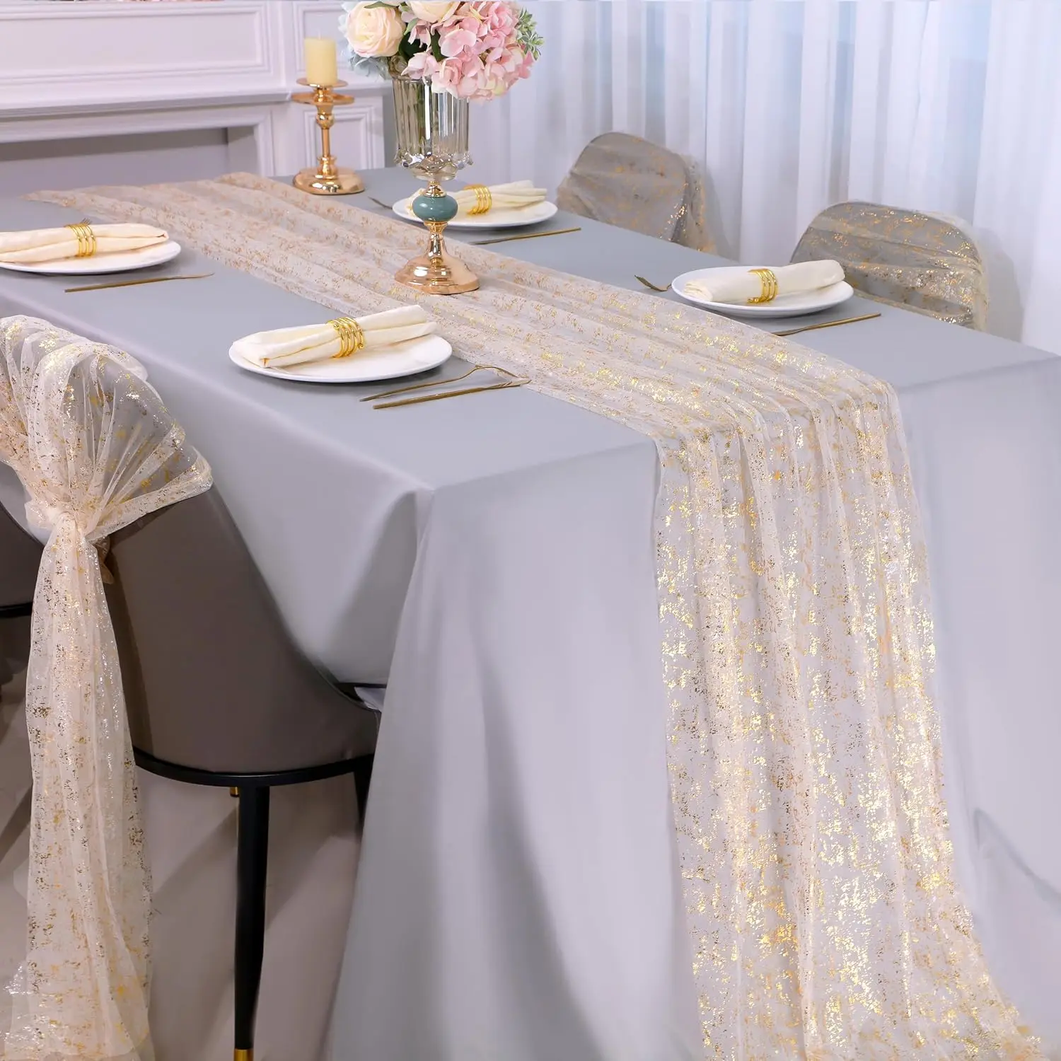 Runner da tavolo dorato in tulle di chiffon trasparente con