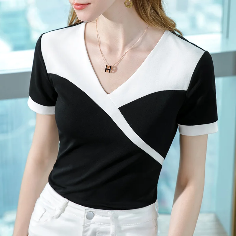 

2023 New Summer European Clothes High Quality Cotton T-Shirt Women Chic Sexy V-Neck Color Blocking Tops Short Sleeve Tees 37066