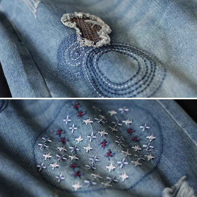 Women's 2024 Summer New Elastic High Waisted Solid Color Loose Retro Patchwork Large Casual Hole Embroidered Pocket Denim Shorts