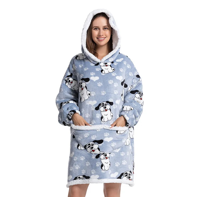 

Women Cute Dog Print Pullover Nightgown Hooded Blanket with Sleeves Winter Hoodies Sweatshirt Fleece Giant TV Blanket