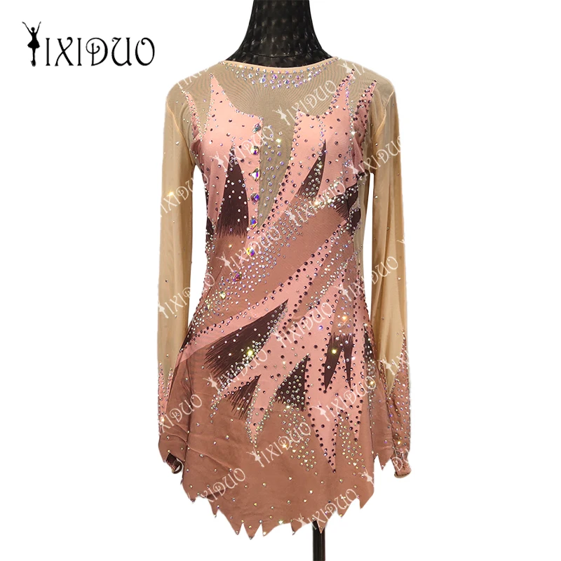 

Pink Rhythmic Gymnastics Leotards Women Girls Competition Artistic Gymnastics Leotard Long Sleeve Jeweled Figure Skating Leotard