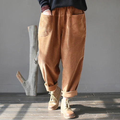 women's fashion Vintage Women Trouser 2022 Spring New Corduroy Pants Pockets Elastic Waist Warm Loose Vintage Pants RV714 pants Pants & Capris