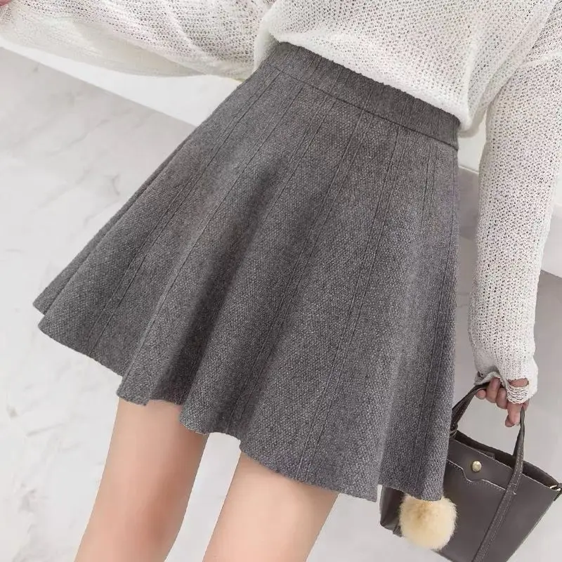 Korean Elastic Waist Knitted Candy Twist A- line Preppy Style Swing Wool Skirt for Women