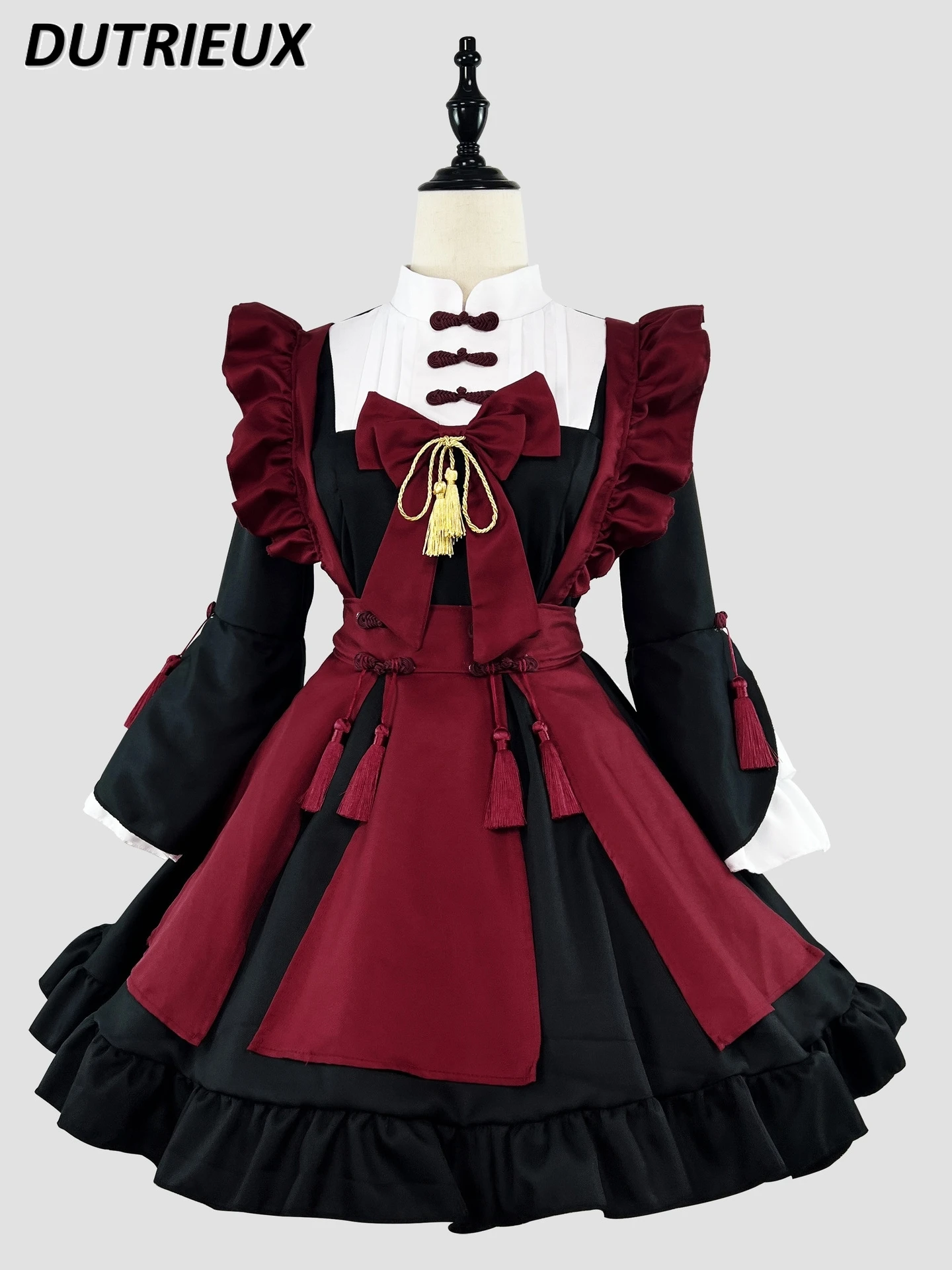 

Original New Chinese Style Lolita Maid Costume Oversize Mid-length Dresses Long Sleeve Slim-Fit Contrast Colors Stitching Dress