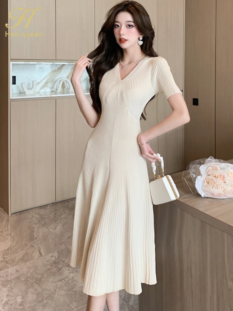 

H Han Queen 2024 Summer Dresses Korean A-Line Knitted Midi Vestido Elegant Short Sleeve Office Party Casual Dress Woman Clothing
