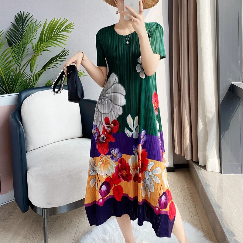 

Women Pleated Midi Dress Flower Colorful Print Round Collar Short Sleeve Casual Style Elegant Summer Fashion