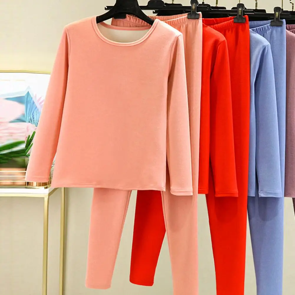 2 Pcs/Set Women Thermal Underwear Set Winter Thick Plush Round Neck Long Sleeve Long Johns Elastic Waist