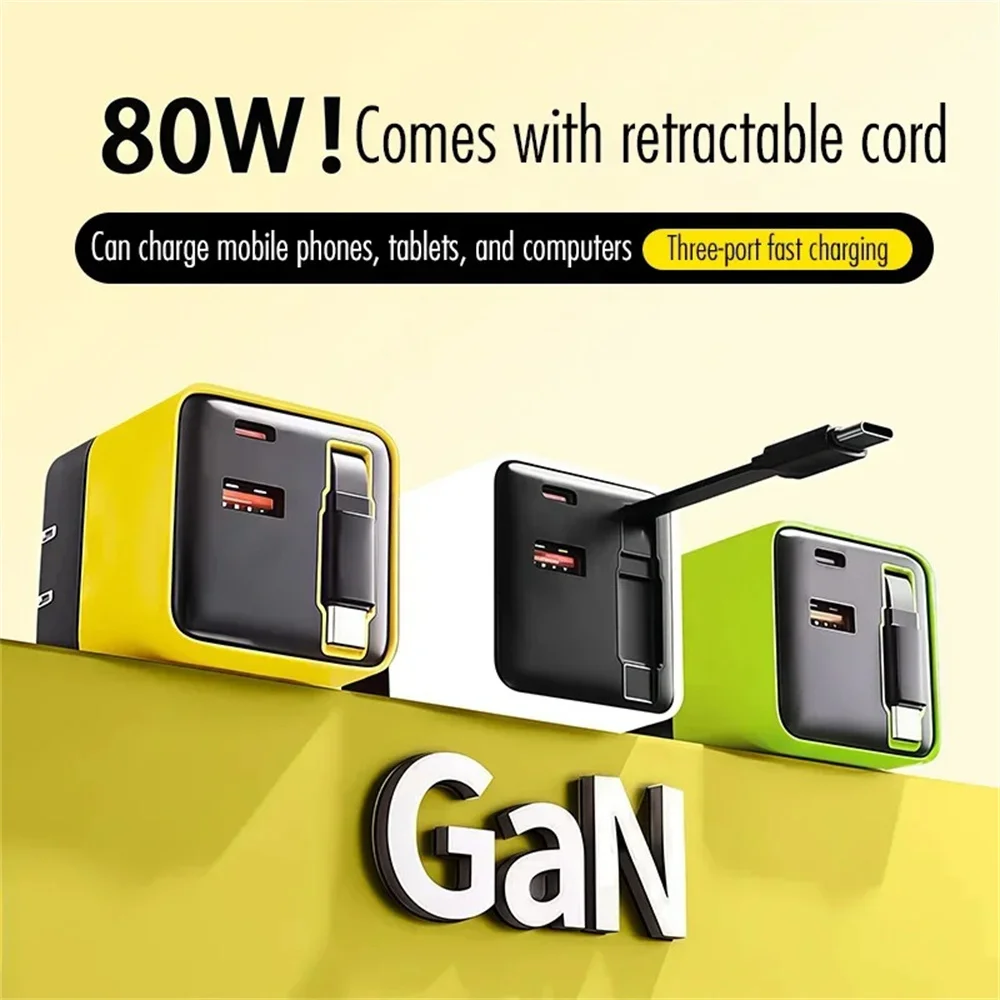 3 in 1 GaN USB Charger 80W Type C Fast Charging Phone Charge Adapter Type C Fast Charging Cable For iPhone Samsung Xiaomi Huawei