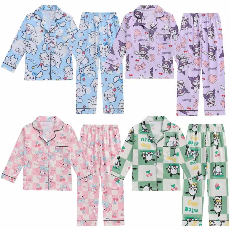 

Sanrios Girls Pajamas Home Clothing Cinnamoroll HelloKittys My Melody Kuromi Anime Cartoon Children Nightwear Cardigan Pants Set