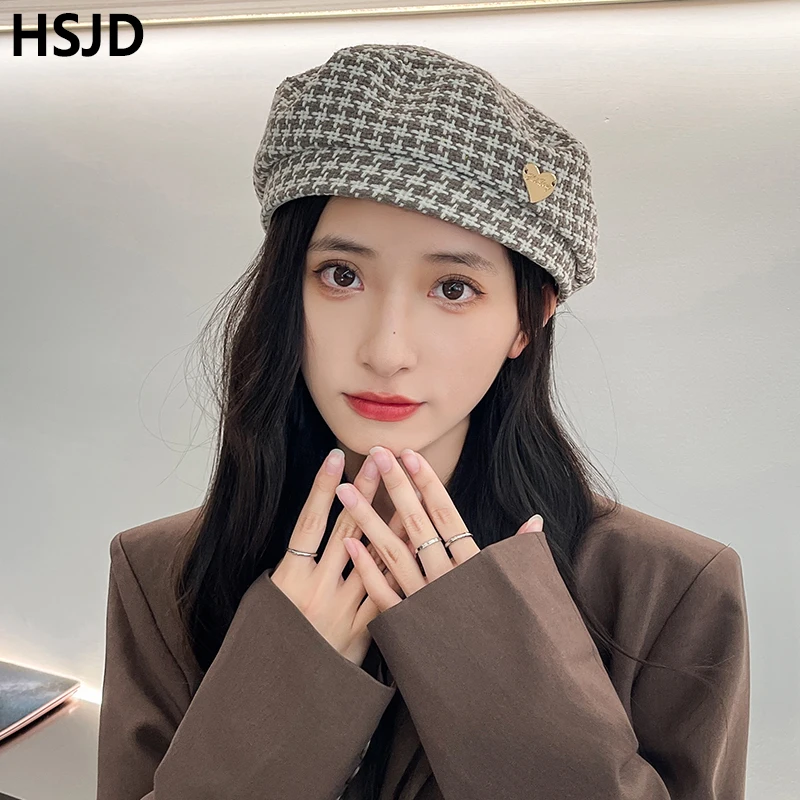 

Wholesale Elegant Ladys Autumn French Artist Painter Hat Classics Plaid Beret Flat Top Hat For Women Vintage Houndstooth Berets