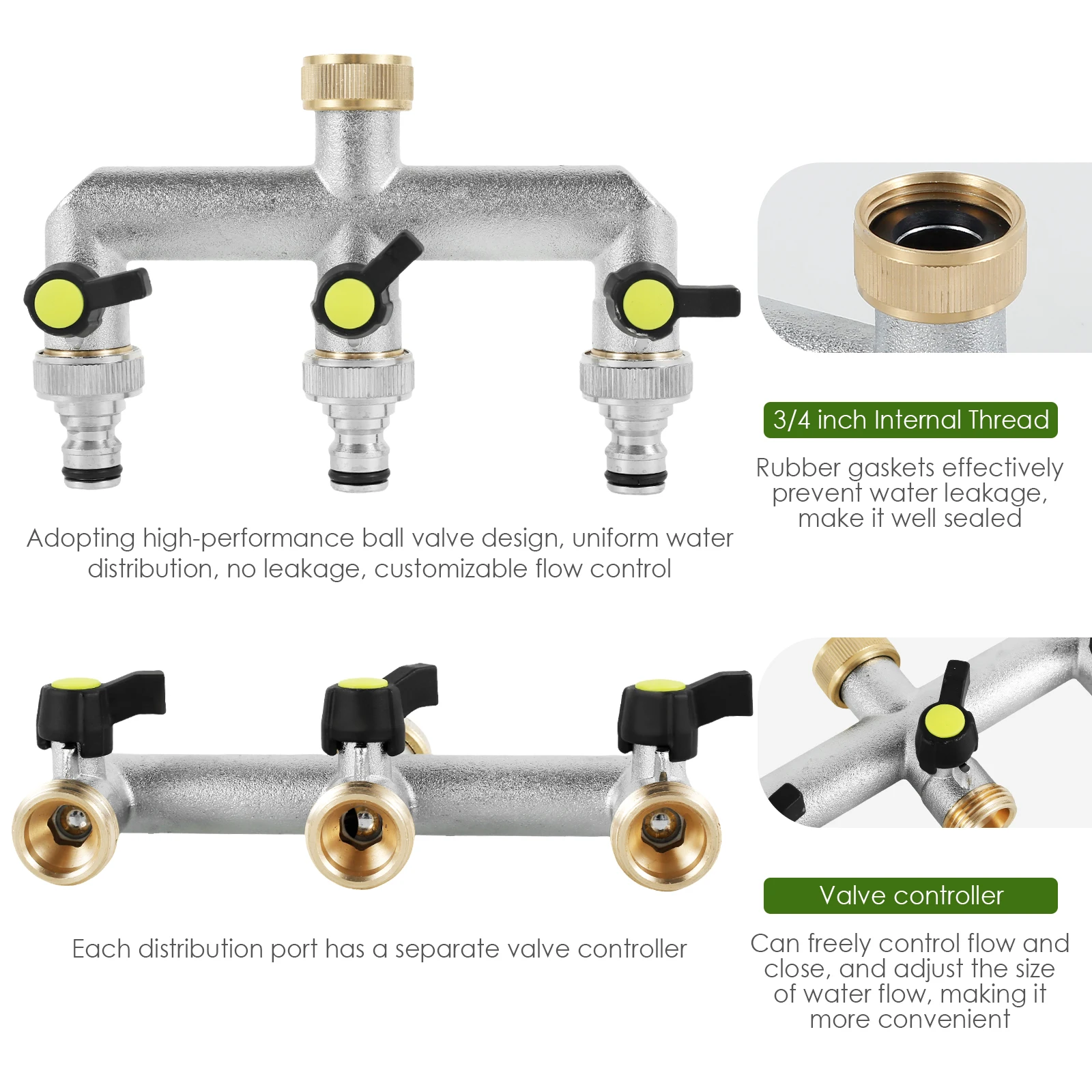 Zinc Alloy Silver 3 Way Hose Splitter Faucet For Garden Watering