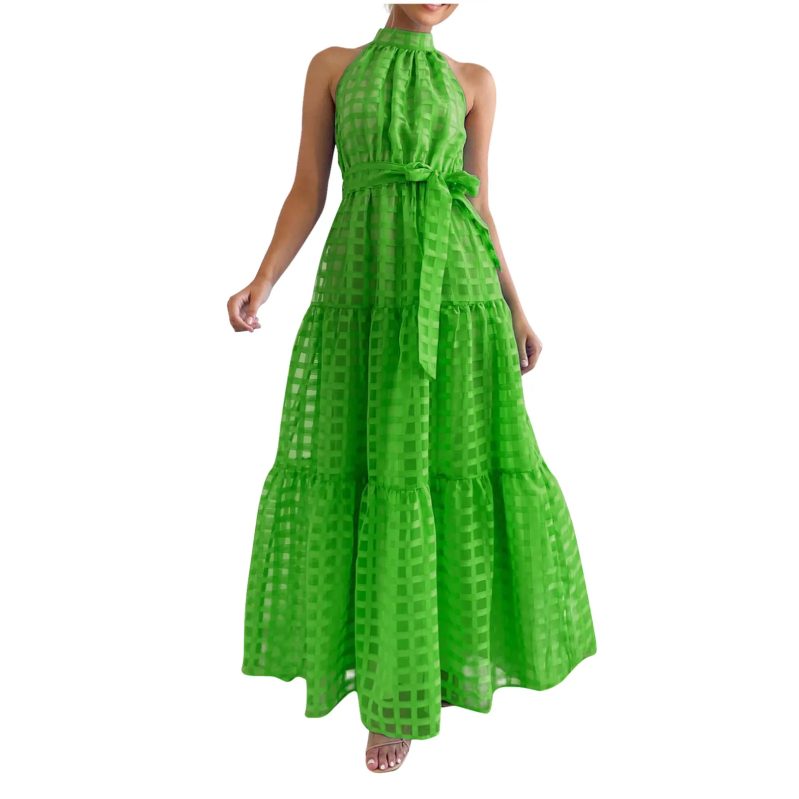 

Summer Long Maxi Dress Women 2023 Casual Sleeveless Halter Vintage Plaid Party Vestidos Tie Up Loose A-line Sundress vestidos
