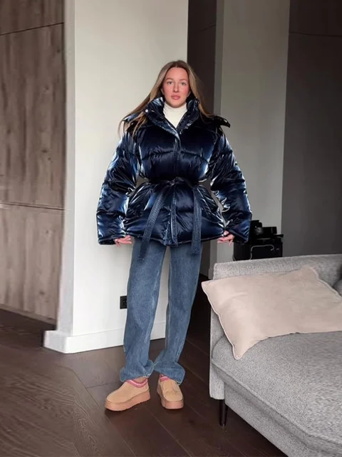 Elegant Women's Shiny Thicken Cotton Coats Hooded Detachable Zippers Lace Up Lady Coat 2025 Winter Chic Female Streetwear 3