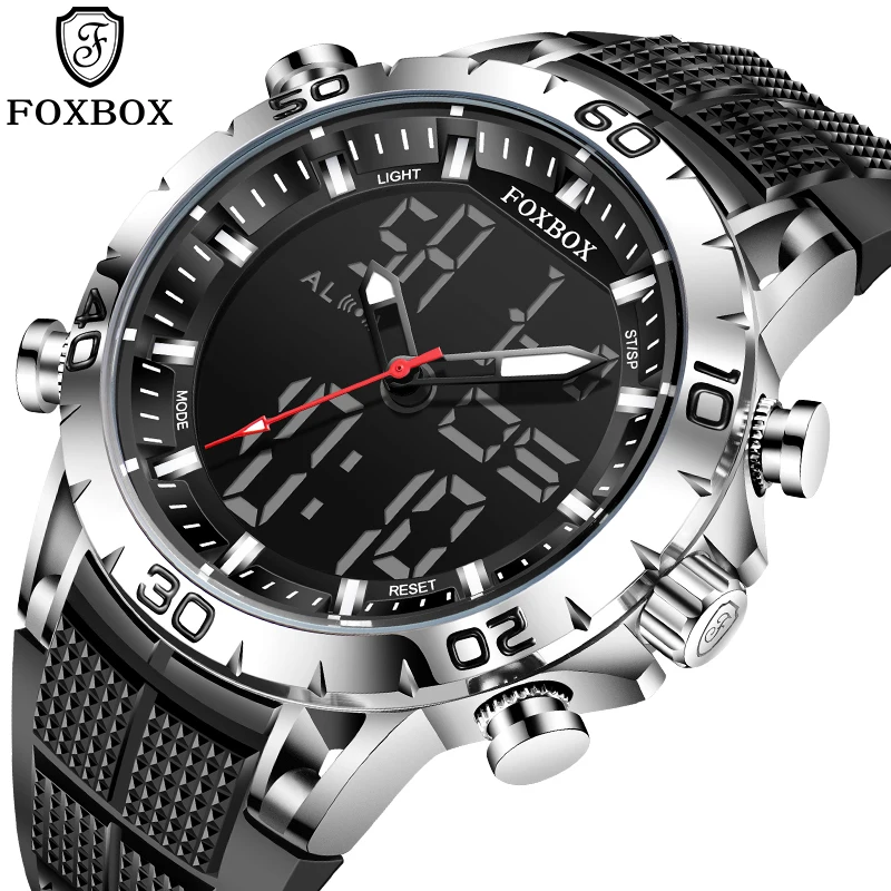 FOXBOX Luxury Dual Display Men Watches Waterproof Sports Watch Military Man Alarm Stopwatch Quartz Wristwatch Male Digital Clock