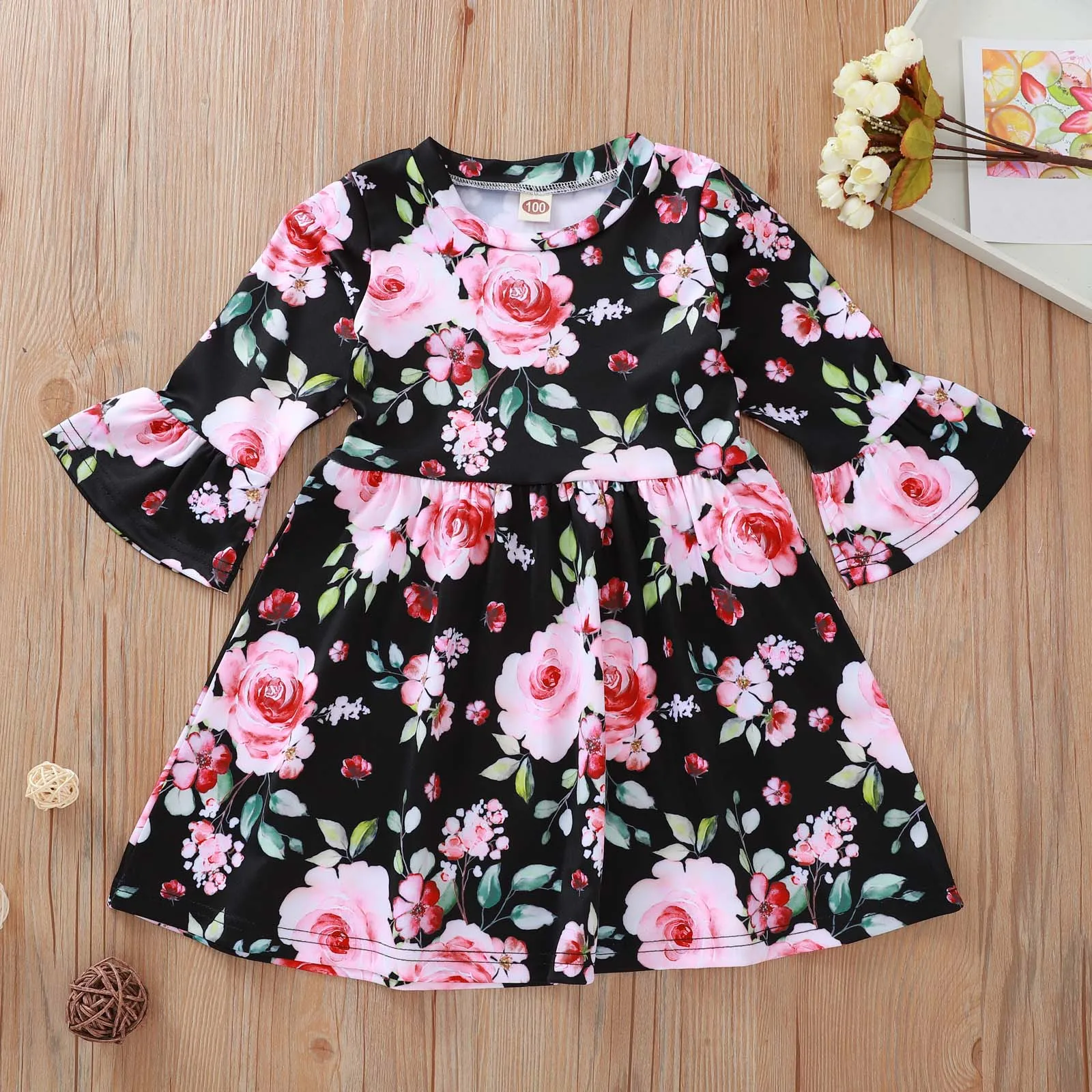 

1-5 Years Children Girls Dress Spring Autumn Long Sleeve Flower Prints Flared Sleeve Princess Dresses Party Casual Floral Dress