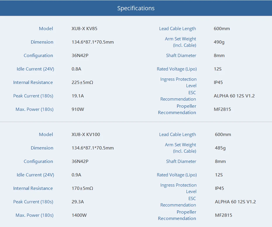 T-MOTOR, Specifications Model XU8-X KV85 Lead Cable Length 600mm