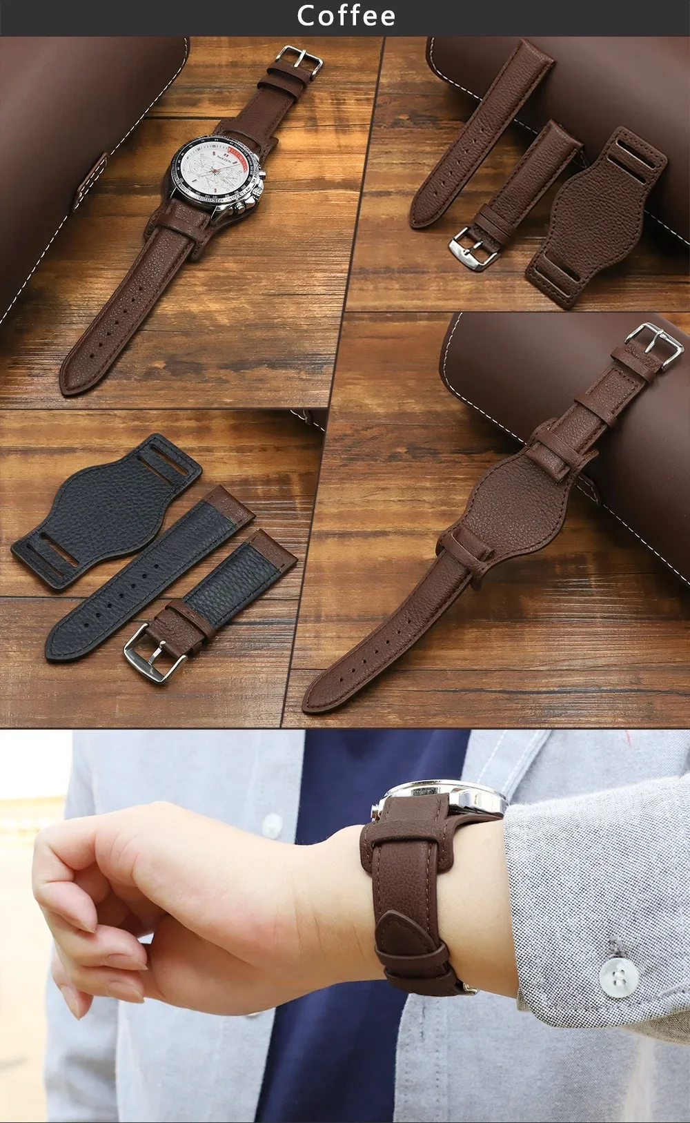 Echtes Leder Uhrenarmband 18mm 20mm 22mm mit Matte Bund Strap Retro Stil Design Schwarz Braun Kaffee MännerFrauen Armband Armband – Detail 4