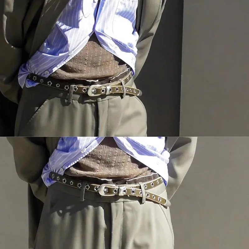 

Legacy Durable Olive Green Plum Blossom Punch Hole Buckle Belt Top Layer Cowhide Stylish Quality Versatile Multi-Hole Unisex