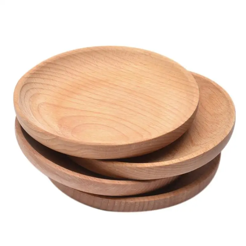 Solid Wood Round Tray Natural Beech Plates Wooden Tableware Plate Handmade Sushi Dish Coffee Cups Snacks Food Fruits Tray