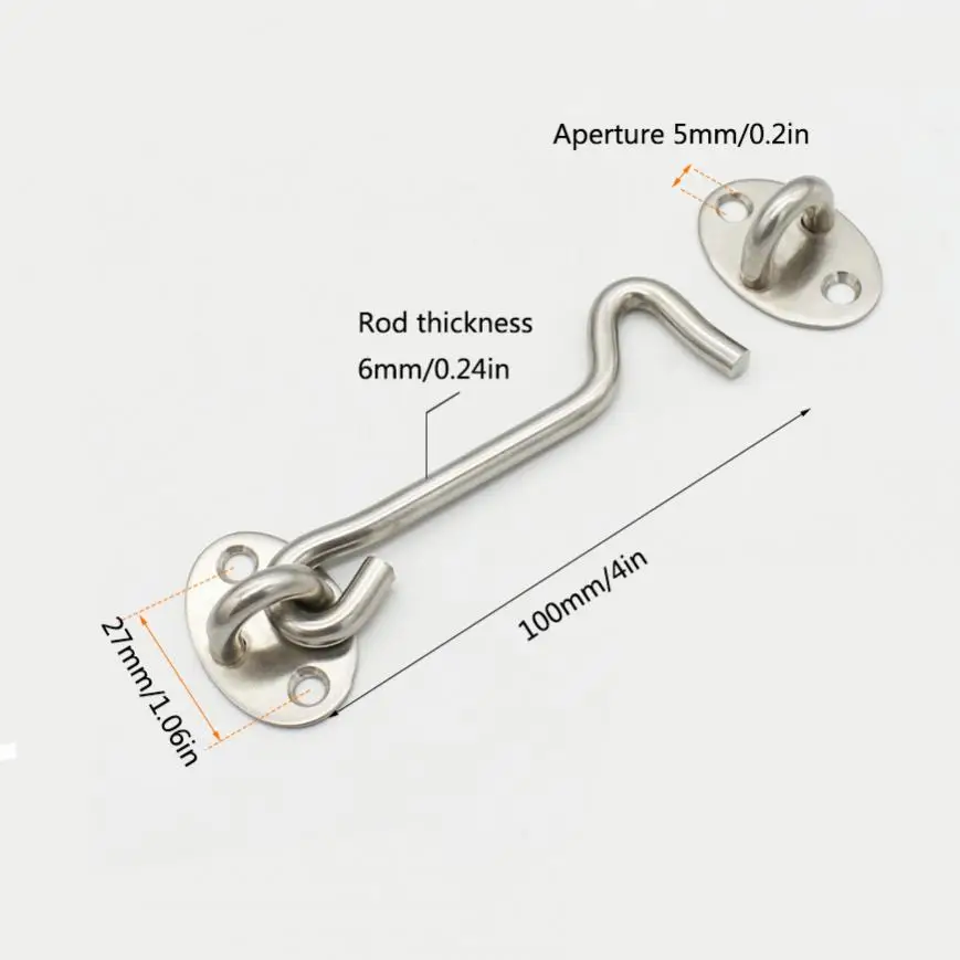 2pcs 4 Inch Thickened Stainless Steel Silver Door Latches for Window / Sliding Door / Cabinet, Hook and Eye Lock Windproof Hooks