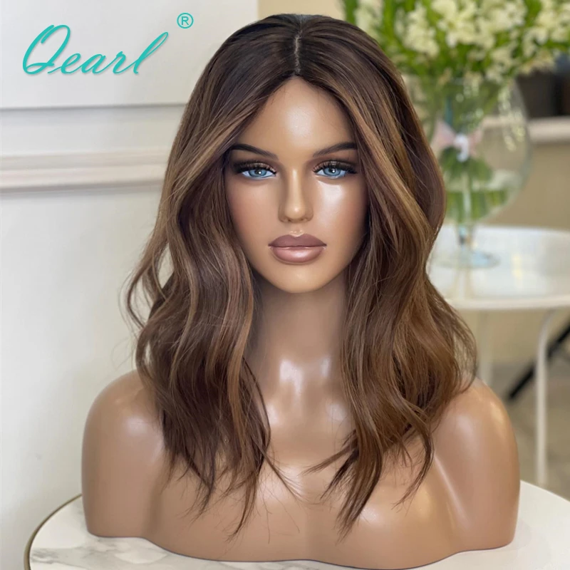 New in Brazilian Human Hair Wig Sale Dark 27# Blonde Light Brown Highlights Lace Frontal Wigs for Women Glueless Wave Wig Qearl images - 6
