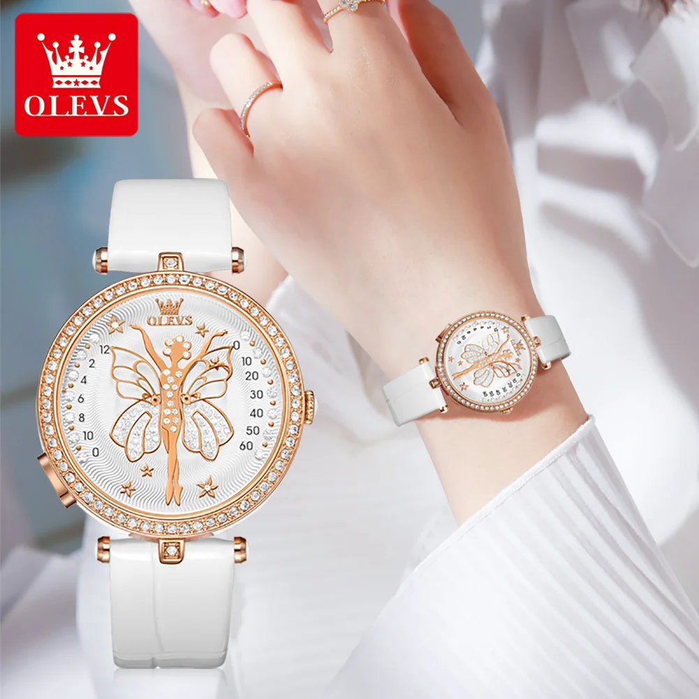 OLEVS Original Quartz Watch for Women Leather Strap Diamond Butterfly Dial Waterproof Elegant Women's Wristwatches Reloj Mujer