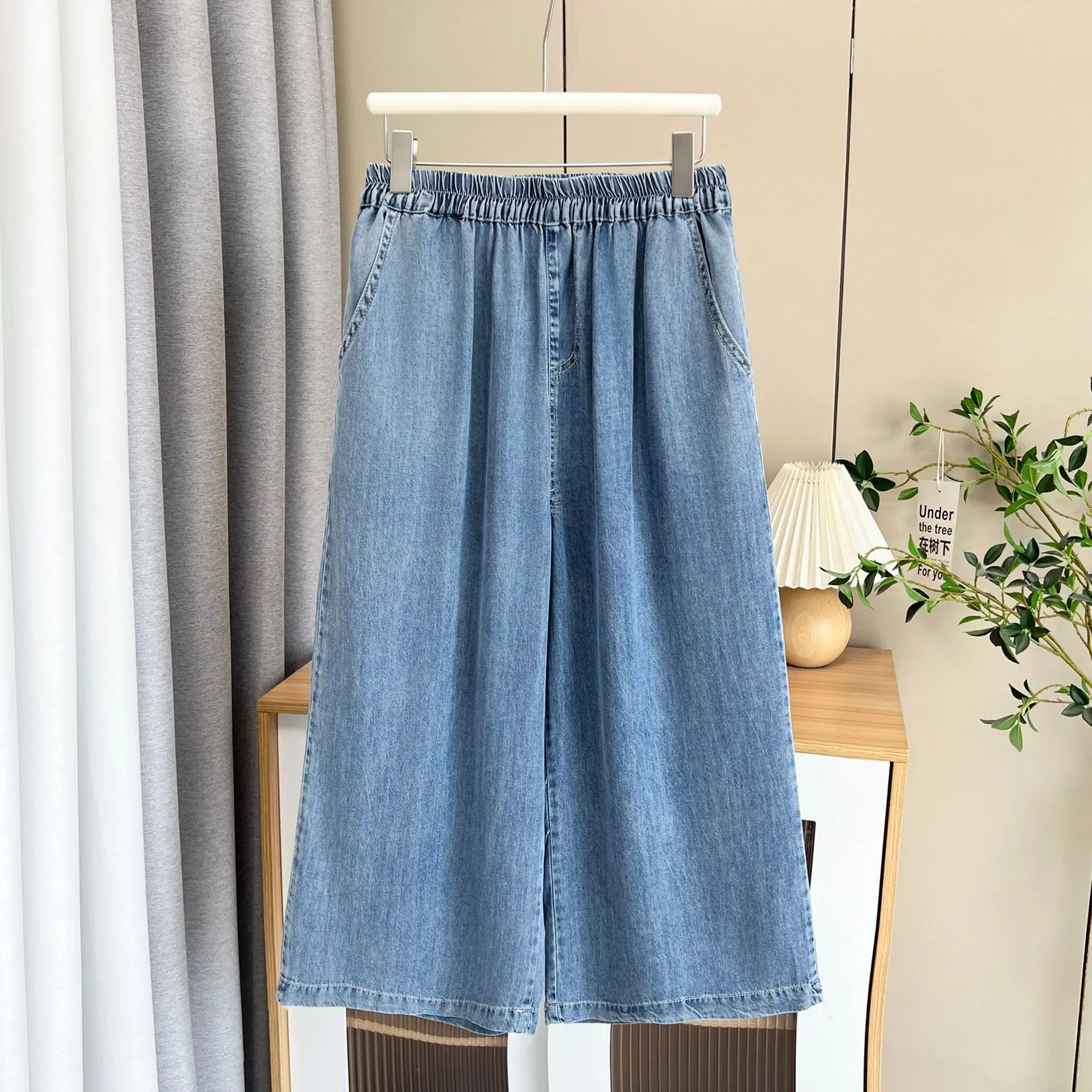 Summer New Minimalist Thin Wide Leg Jeans For Plus Size Women 100KG Casual Lyocell Denim Cropped Pants 8503