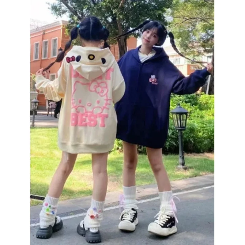 

Kawaii Sanrio Hello Kitty Girl Fall Hoodie Top Cartoon Anime Girls Zipper Long Sleeve Loose-Fitting and Casual Hooded Sweatshirt