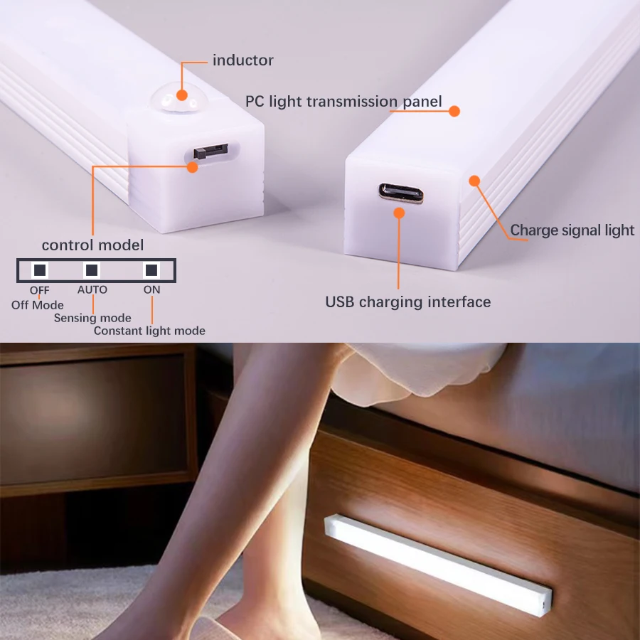 Rechargeable LED Motion Sensor Night Light Under Cabinet Cordless Lamp for Kitchen Wardrobe Bedside Induction Strip Bar Light 5