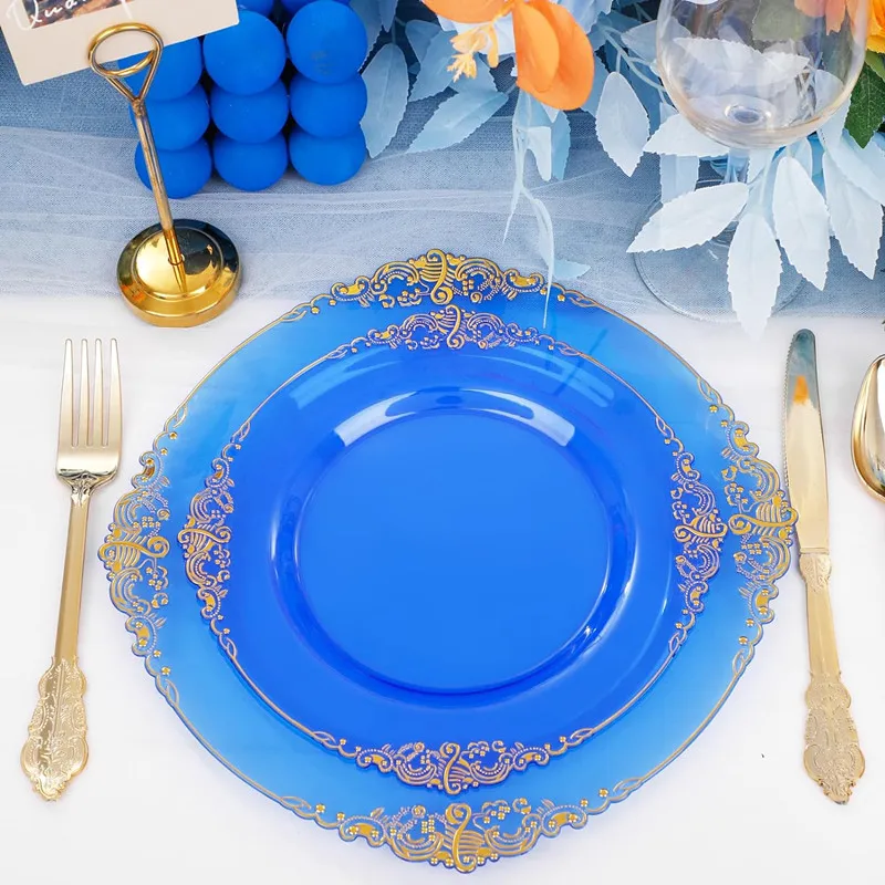 50pc Blue Plastic Plates Party Dinner Plates and Salad Dessert Combo Heavy Duty Plastic for Parties Wedding