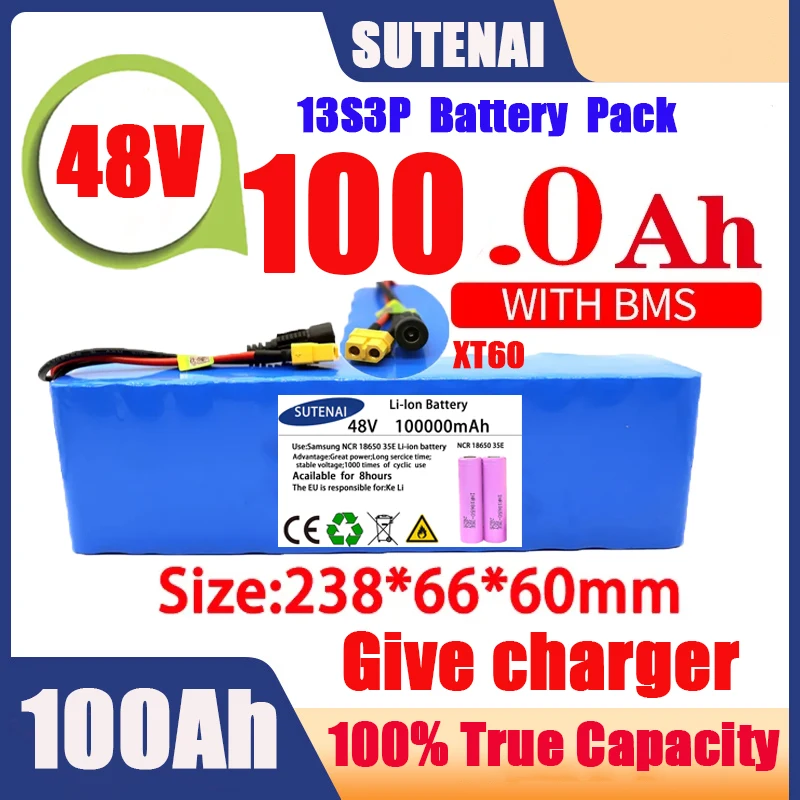 

Powerful 48V 120000mAh 1000w 13S3P XT60 120Ah Li-ion Battery for 54.6V Scooter Electric Bike with BMS Charger