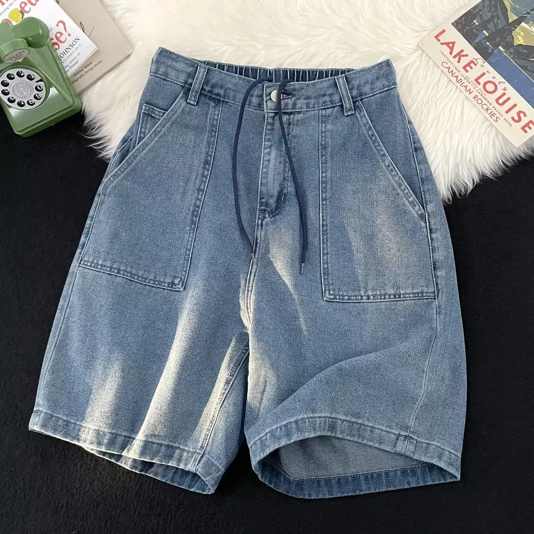 

2024 Summer couples washed solid color five-quarter denim shorts men's and women's straight leg wide leg casual medium pants