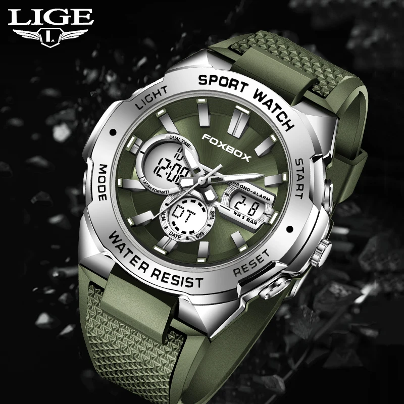 LIGE NEW Casual Wild Silicone Strap Man's Wristwatch Luminous Sports 50M Water Resistant Dual Display Quartz Watches For Men духи wild water 50мл dilis