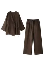 HH Pajama Style Pants Sets Women Fashion Kimono Style Lace Up Shirt Top Elastic Waist Trousers Women's Casual Outfits